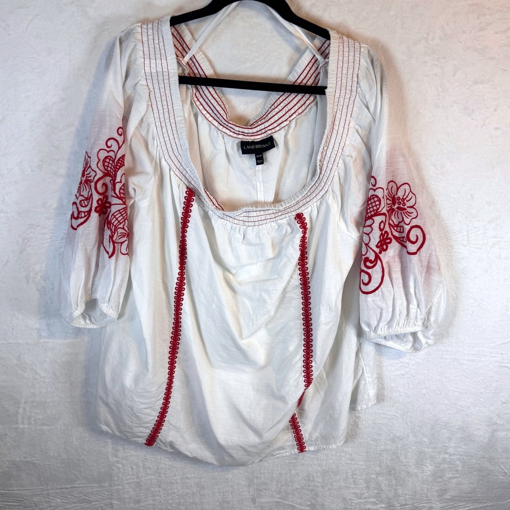 Lane Bryant Blouse Embroidered Peasant 26/28 White Womens